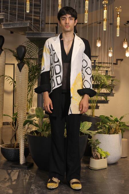 Shop_Ankur J_Black Linen Crochet Overlay Jacket Set _Online_at_Aza_Fashions