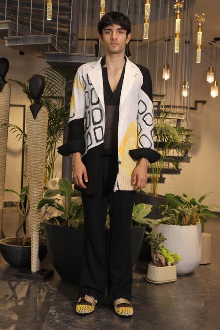 Ankur J_Black Linen Crochet Overlay Jacket Set _at_Aza_Fashions