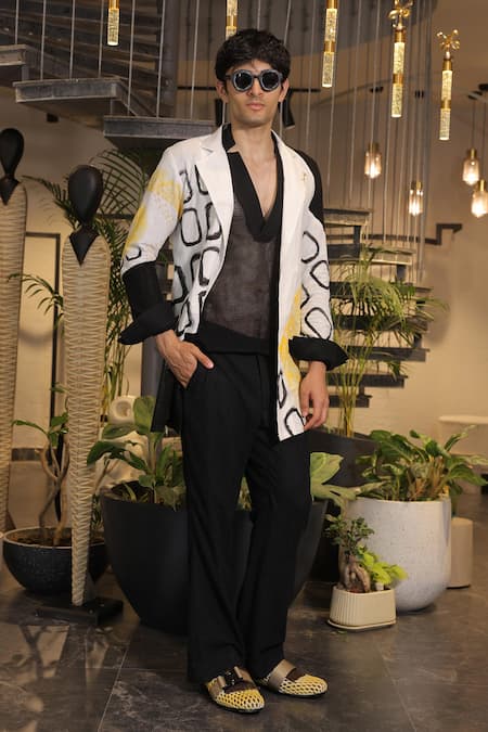 Buy_Ankur J_Black Linen Crochet Overlay Jacket Set 
