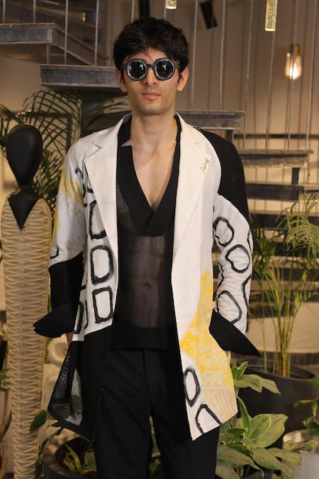 Shop_Ankur J_Black Linen Crochet Overlay Jacket Set 