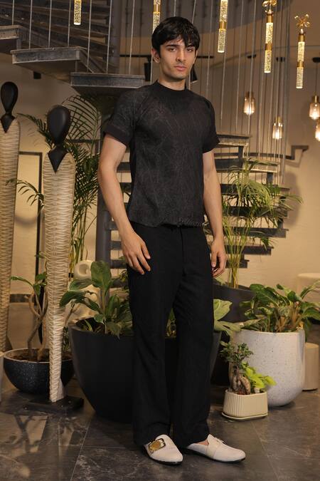 Ankur J_Black Cotton Designer Tshirt _at_Aza_Fashions
