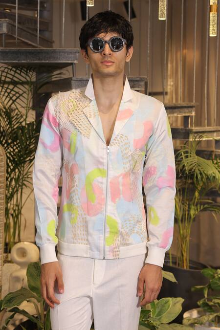 Ankur J_White Modal, Satin Designer Bomber Shirt _Online_at_Aza_Fashions
