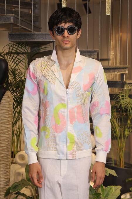 Buy_Ankur J_White Modal, Satin Designer Bomber Shirt _Online_at_Aza_Fashions