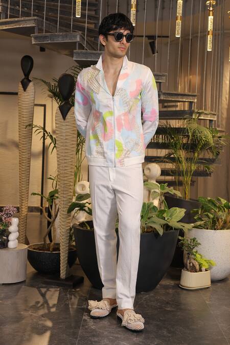 Ankur J_White Modal, Satin Designer Bomber Shirt _at_Aza_Fashions