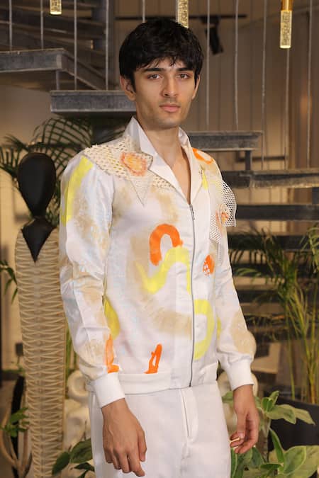 Ankur J_White Modal, Satin Designer Bomber Shirt _Online_at_Aza_Fashions