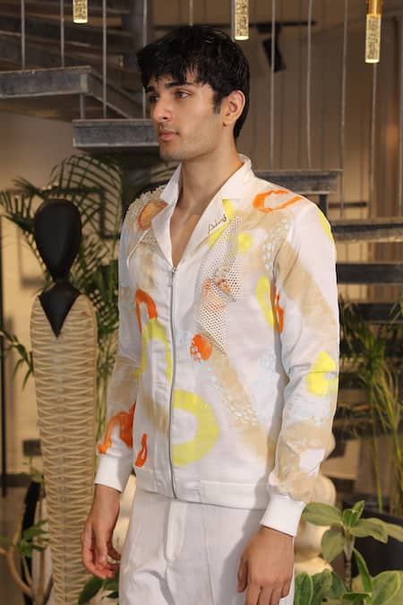 Buy_Ankur J_White Modal, Satin Designer Bomber Shirt _Online_at_Aza_Fashions