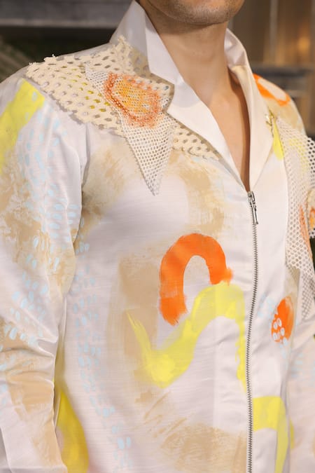 Ankur J_White Modal, Satin Designer Bomber Shirt _at_Aza_Fashions