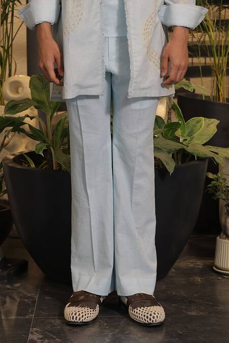 Ankur J_Blue Linen Embroidery Designer Crochet Overlay Jacket Set _Online_at_Aza_Fashions