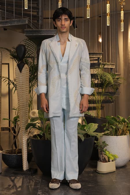 Ankur J Blue Linen Embroidery Designer Crochet Overlay Jacket Set 