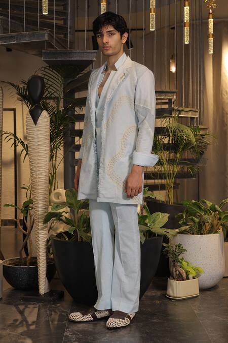 Buy_Ankur J_Blue Linen Embroidery Designer Crochet Overlay Jacket Set _Online_at_Aza_Fashions