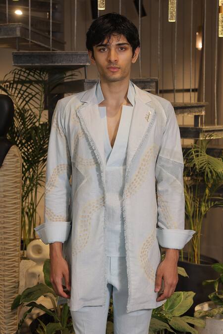 Shop_Ankur J_Blue Linen Embroidery Designer Crochet Overlay Jacket Set _Online_at_Aza_Fashions