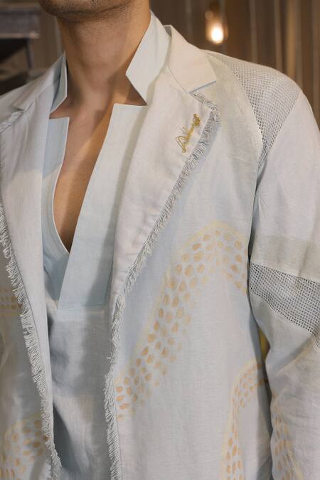 Ankur J_Blue Linen Embroidery Designer Crochet Overlay Jacket Set _at_Aza_Fashions