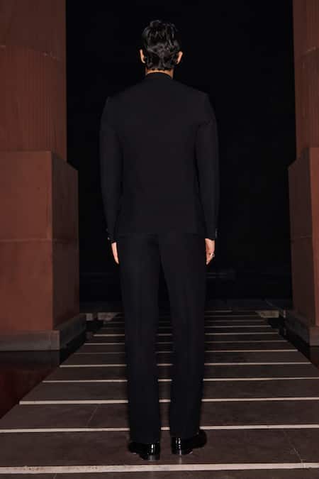 Shop Contrast By Parth Black Silk, Velvet, Lycra Embroidery Midnight Bloom Bandhgala Set at Aza Fashions Shop_Contrast By Parth_Black Silk, Velvet, Lycra Embroidery Midnight Bloom Bandhgala Set _at_Aza_Fashions