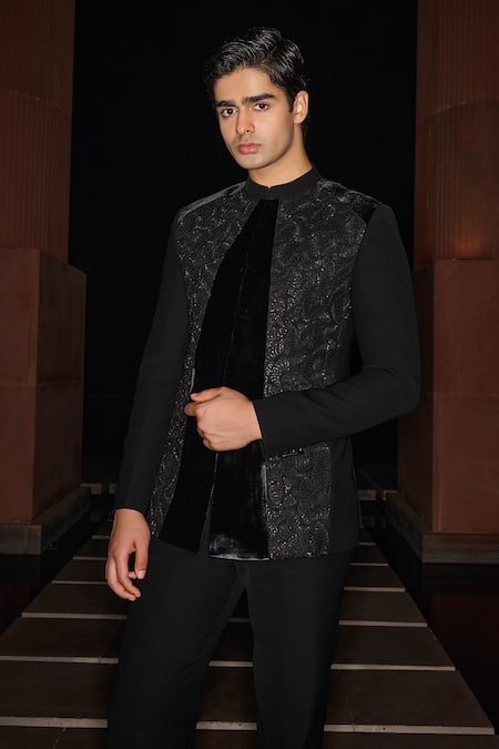 Buy Contrast By Parth Black Silk, Velvet, Lycra Embroidery Midnight Bloom Bandhgala Set Online at Aza Fashions Buy_Contrast By Parth_Black Silk, Velvet, Lycra Embroidery Midnight Bloom Bandhgala Set _Online_at_Aza_Fashions