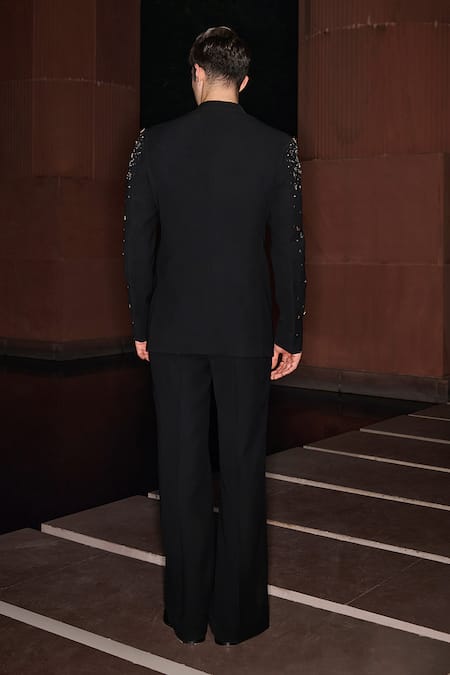 Shop Contrast By Parth Black Lycra Sequins Titanium Edge Bandhgala Set at Aza Fashions Shop_Contrast By Parth_Black Lycra Sequins Titanium Edge Bandhgala Set _at_Aza_Fashions