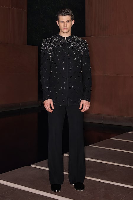 Buy Contrast By Parth Black Lycra Sequins Titanium Edge Bandhgala Set Online at Aza Fashions Buy_Contrast By Parth_Black Lycra Sequins Titanium Edge Bandhgala Set _Online_at_Aza_Fashions