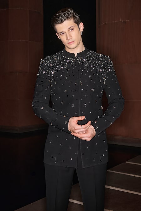 Shop Contrast By Parth Black Lycra Sequins Titanium Edge Bandhgala Set Online at Aza Fashions Shop_Contrast By Parth_Black Lycra Sequins Titanium Edge Bandhgala Set _Online_at_Aza_Fashions