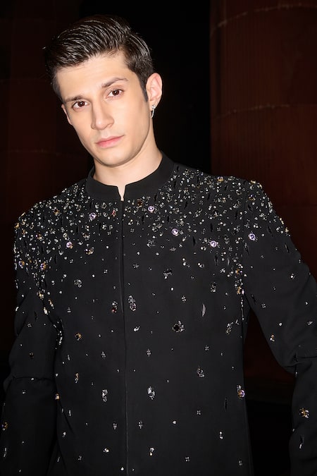 Contrast By Parth Black Lycra Sequins Titanium Edge Bandhgala Set at Aza Fashions Contrast By Parth_Black Lycra Sequins Titanium Edge Bandhgala Set _at_Aza_Fashions