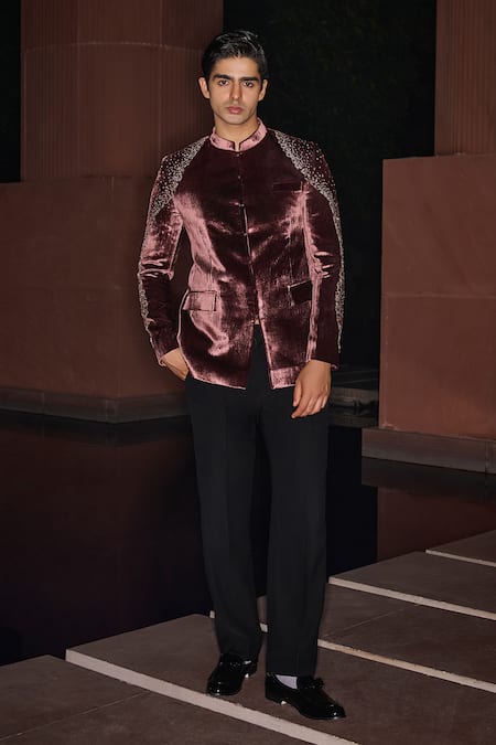 Contrast By Parth Wine Silk, Velvet, Lycra Beads Ember Bandhgala Set 