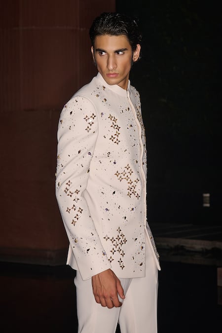 Buy_Contrast By Parth_Off White Lycra Sequins, Embroidery Moondust Hand Bandhgala Set _Online_at_Aza_Fashions