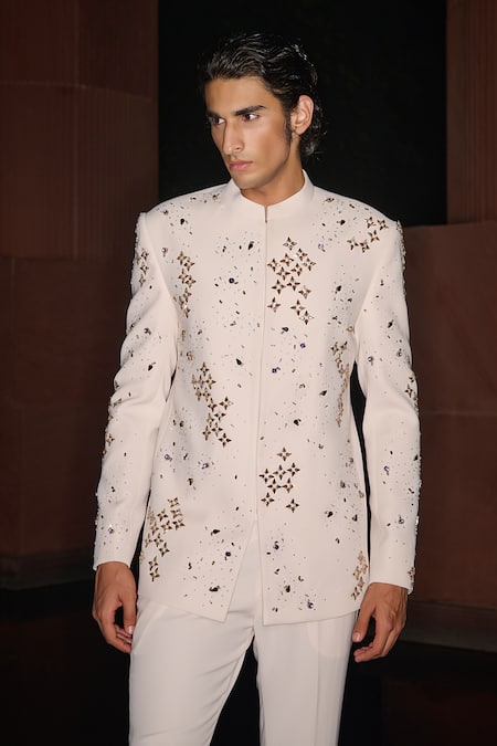 Shop_Contrast By Parth_Off White Lycra Sequins, Embroidery Moondust Hand Bandhgala Set _Online_at_Aza_Fashions