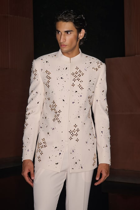 Contrast By Parth_Off White Lycra Sequins, Embroidery Moondust Hand Bandhgala Set _at_Aza_Fashions