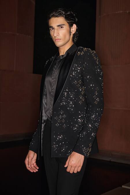 Contrast By Parth_Black Lycra, Satin Embroidery Phantom Open Blazer Set _Online_at_Aza_Fashions