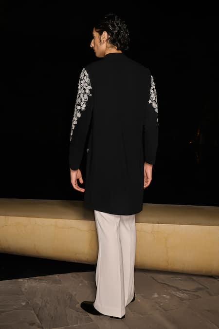 Shop Contrast By Parth Black Silk Embroidery Zypher Hand Kurta Set at Aza Fashions Shop_Contrast By Parth_Black Silk Embroidery Zypher Hand Kurta Set _at_Aza_Fashions