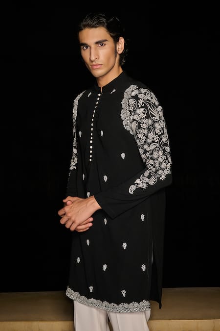 Contrast By Parth Black Silk Embroidery Zypher Hand Kurta Set Online at Aza Fashions Contrast By Parth_Black Silk Embroidery Zypher Hand Kurta Set _Online_at_Aza_Fashions