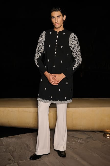 Contrast By Parth Black Silk Embroidery Zypher Hand Kurta Set 