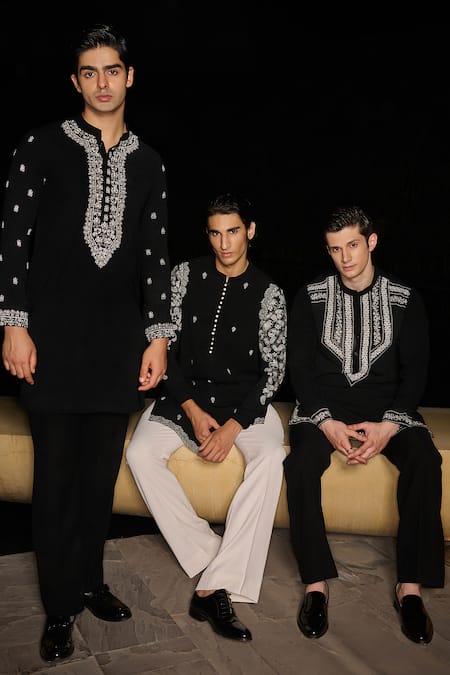 Shop Contrast By Parth Black Silk Embroidery Zypher Hand Kurta Set Online at Aza Fashions Shop_Contrast By Parth_Black Silk Embroidery Zypher Hand Kurta Set _Online_at_Aza_Fashions