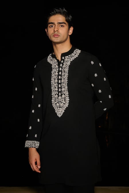 Contrast By Parth Black Silk Embroidery Stark Hand Kurta Set Online at Aza Fashions Contrast By Parth_Black Silk Embroidery Stark Hand Kurta Set _Online_at_Aza_Fashions