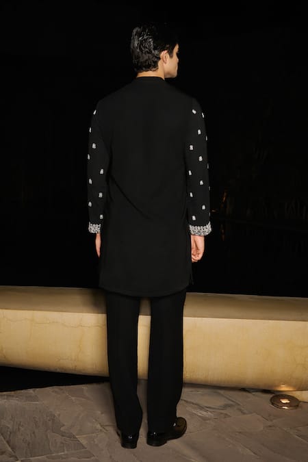 Shop Contrast By Parth Black Silk Embroidery Stark Hand Kurta Set at Aza Fashions Shop_Contrast By Parth_Black Silk Embroidery Stark Hand Kurta Set _at_Aza_Fashions