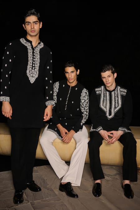 Shop Contrast By Parth Black Silk Embroidery Stark Hand Kurta Set Online at Aza Fashions Shop_Contrast By Parth_Black Silk Embroidery Stark Hand Kurta Set _Online_at_Aza_Fashions