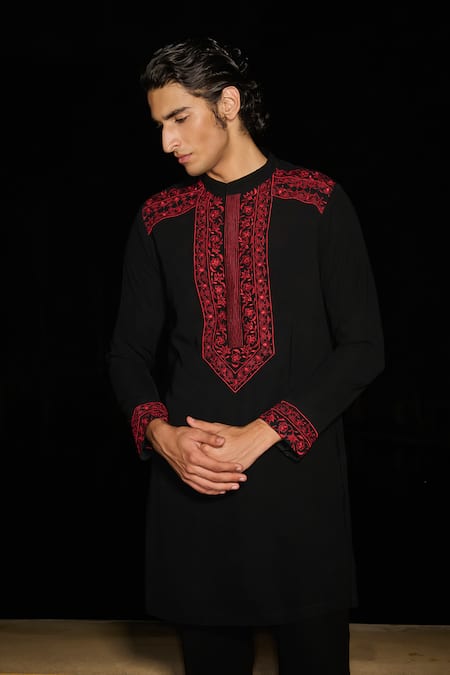 Contrast By Parth_Black Silk Embroidery Ruby Glint Hand Kurta Set _Online_at_Aza_Fashions