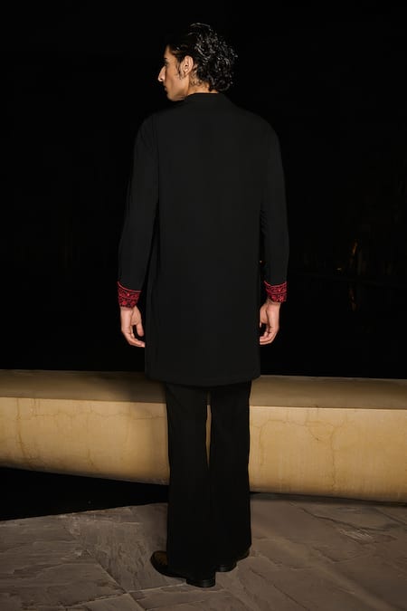 Shop_Contrast By Parth_Black Silk Embroidery Ruby Glint Hand Kurta Set _at_Aza_Fashions