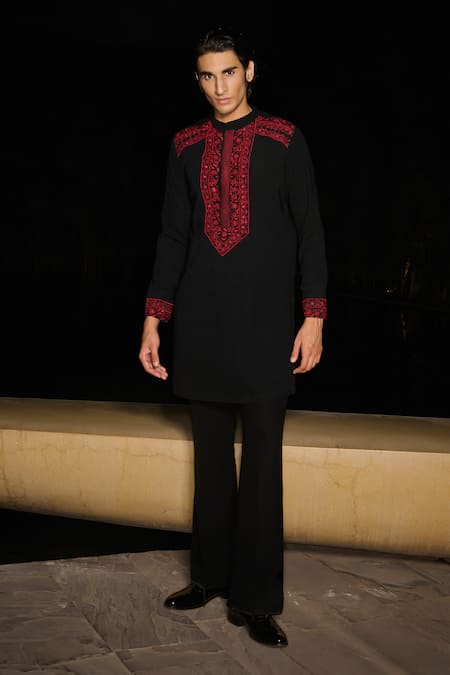 Contrast By Parth Black Silk Embroidery Ruby Glint Hand Kurta Set 