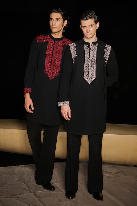 Buy_Contrast By Parth_Black Silk Embroidery Ruby Glint Hand Kurta Set _Online_at_Aza_Fashions
