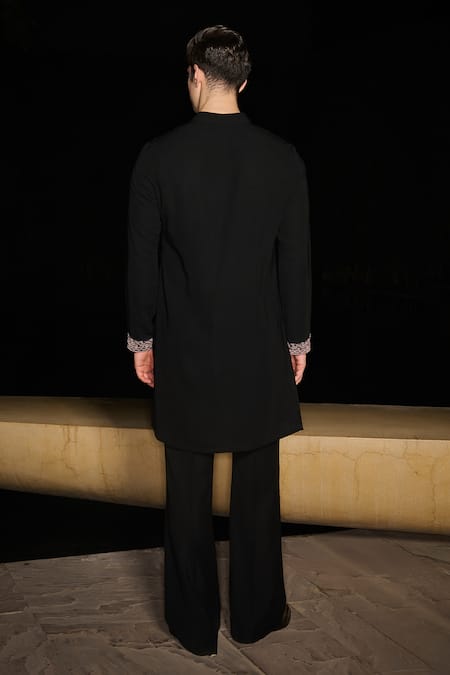 Shop_Contrast By Parth_Black Silk Embroidery Hand Kurta Set _at_Aza_Fashions