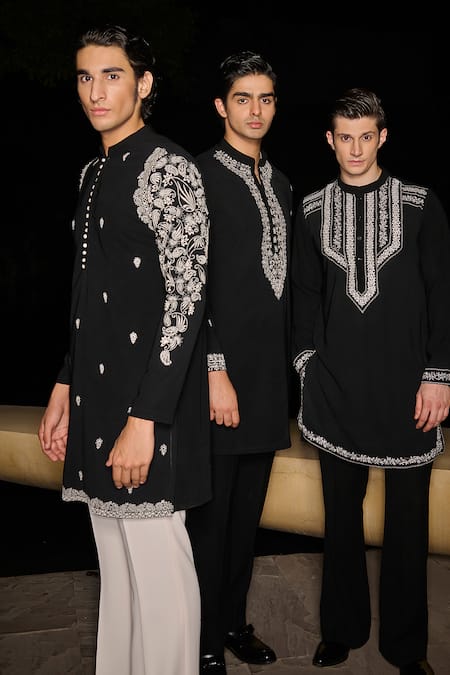 Contrast By Parth_Black Silk Embroidery Hand Kurta Set _Online_at_Aza_Fashions