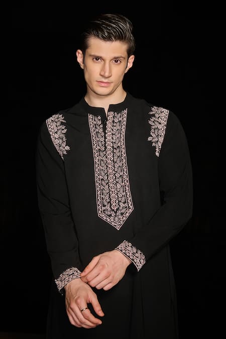 Buy_Contrast By Parth_Black Silk Embroidery Hand Kurta Set _Online_at_Aza_Fashions