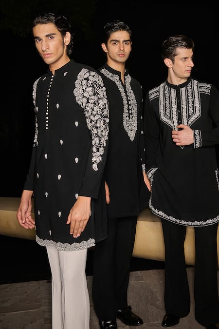 Shop_Contrast By Parth_Black Silk Embroidery Hand Kurta Set _Online_at_Aza_Fashions