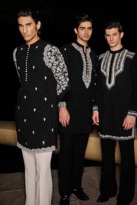 Contrast By Parth_Black Silk Embroidery Hand Kurta Set _at_Aza_Fashions