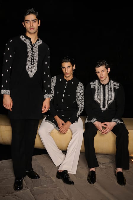 Shop_Contrast By Parth_Black Silk Embroidery Hand Kurta Set 