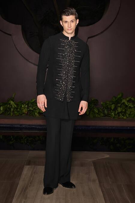 Contrast By Parth_Black Lycra Sequins, Embroidery Noir Crest Nehru Jacket Set _Online_at_Aza_Fashions