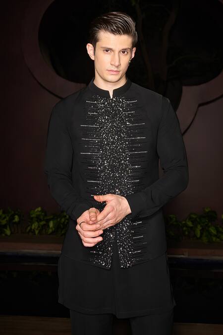 Shop_Contrast By Parth_Black Lycra Sequins, Embroidery Noir Crest Nehru Jacket Set _Online_at_Aza_Fashions