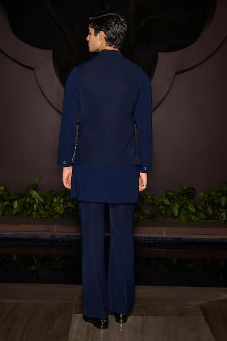 Shop Contrast By Parth Blue Lycra Embroidery Stellar Hand Nehru Jacket Set at Aza Fashions Shop_Contrast By Parth_Blue Lycra Embroidery Stellar Hand Nehru Jacket Set _at_Aza_Fashions