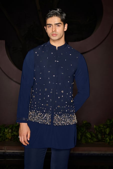 Buy Contrast By Parth Blue Lycra Embroidery Stellar Hand Nehru Jacket Set Online at Aza Fashions Buy_Contrast By Parth_Blue Lycra Embroidery Stellar Hand Nehru Jacket Set _Online_at_Aza_Fashions