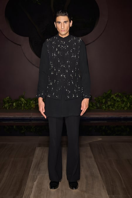 Contrast By Parth Black Hand Embroidered Nehru Jacket Set 