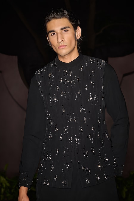 Buy_Contrast By Parth_Black Lycra Embroidery, Sequins Hand Nehru Jacket Set _Online_at_Aza_Fashions